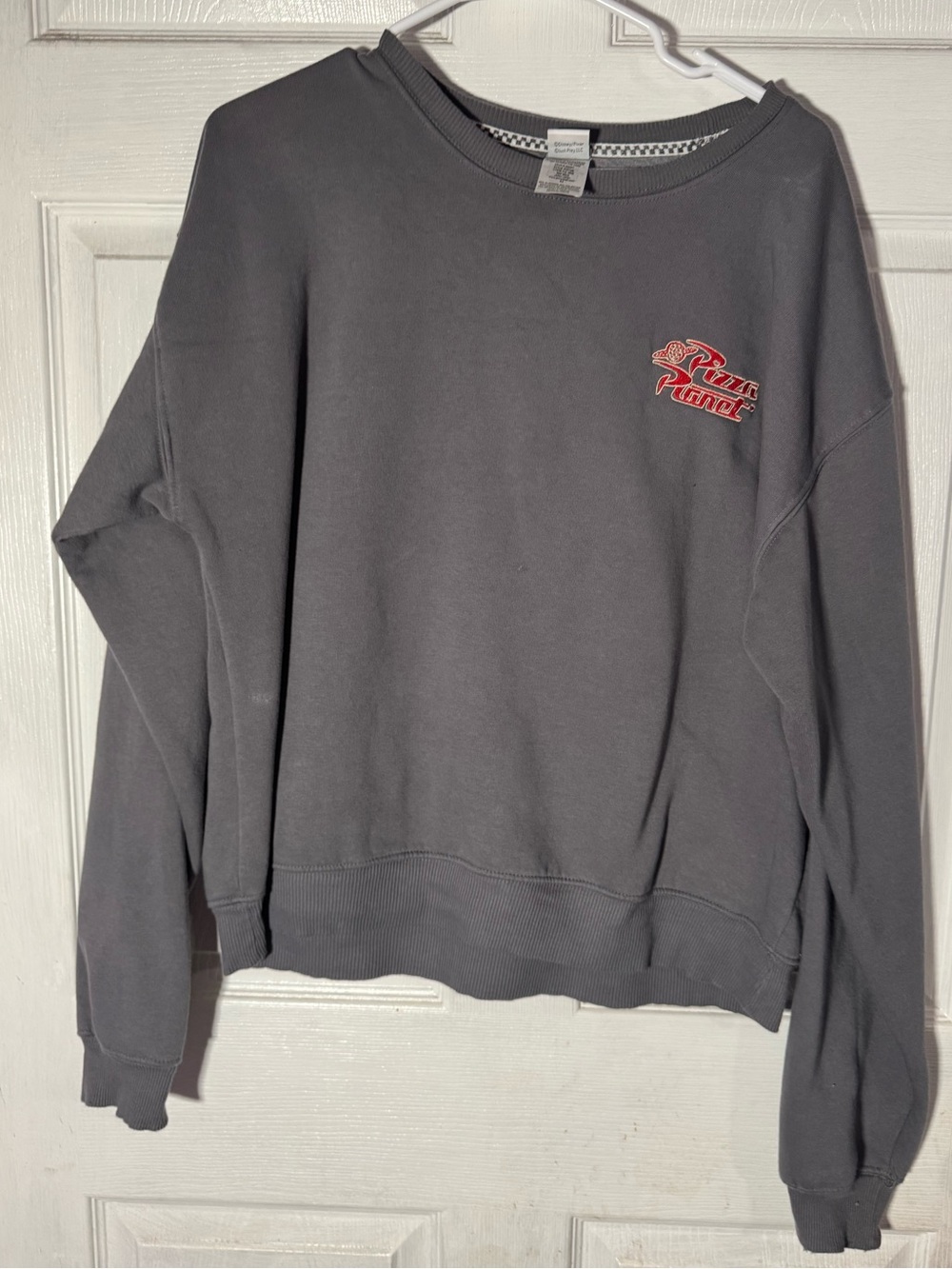 Disney Gray Crewneck Sweatshirt with Small Red Chest Logo